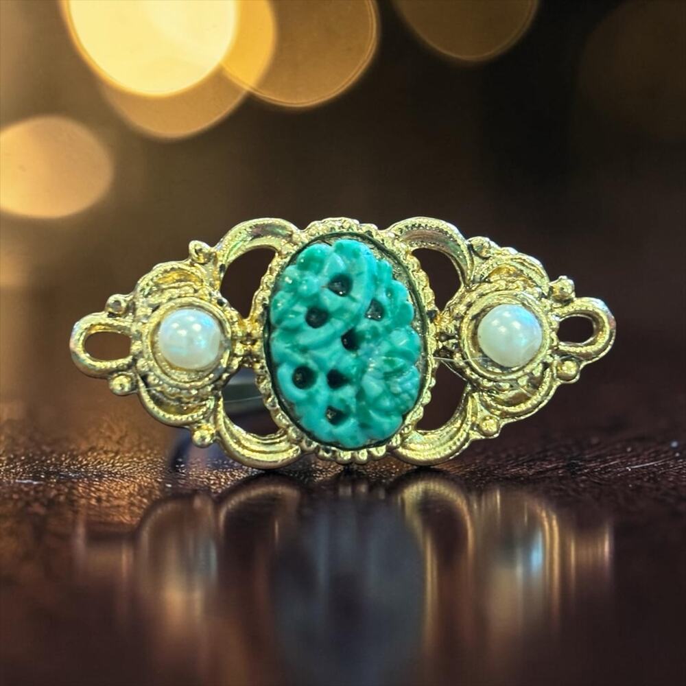 Victorian Revival Green Carved Plastic Brooch Faux Pearl Gold Tone Pin